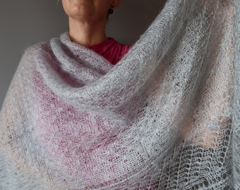 Delicate Handmade Gray Goat Down Shawl, Knitted Square Wrap, Cape