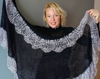 Crochet Black openwork hand knitted shawl ,black cape, black wrap, goat down, Exclusive, Handmade, blackshawl, warm, soft, wool, black