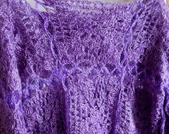 Suéter morado calado de crochet hecho a mano, plumón de cabra, talla XXS