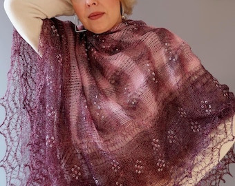 Chal de plumón de cabra morado tejido a mano: chal de encaje bordado, seda de plumón de cabra 80/20, regalo perfecto para ella