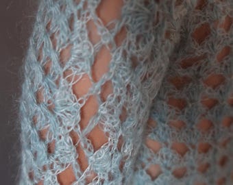 Suéter de plumón de cabra turquesa, tejido a crochet, hecho a mano, de punto calado, talla XXS