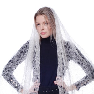 Openwork downy Shawl, Handmade Orenburg Goat Down Shawl: White Lace Knit Scarf
