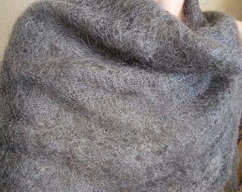 Fluffy Gray Orenburg Goat Down Shawl, Handknitted Fluffy Wrap, Gift for her