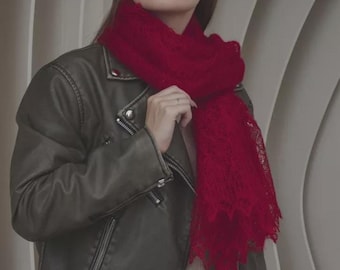 Cherry colour Handmade Orenburg Goat Down Shawl, Knitted Wrap (120x120cm), Gift for her