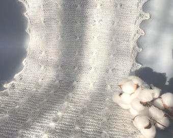 Tight knitting Traditional natural  White knitted Scarf, warm Scarf, Openwork pattern, Gift for her
