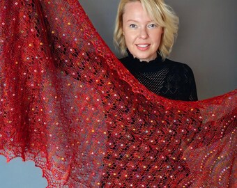 Embroidered Orenburg Shawl: Red Goat Down Scarf, Faberge Design