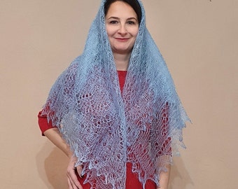 Blue Russian Orenburg shawl, Blue shawl, square shape, wrap, cape, warm shawl, goat down,Handmade, soft shawl, handknitted, knitted shawl