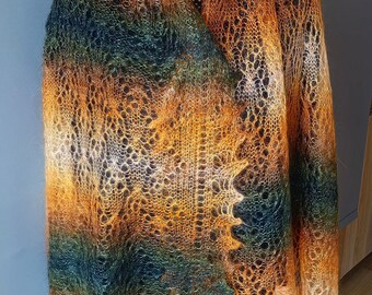 Handmade Orenburg Goat Down Shawl: Orange Green Knit Scarf