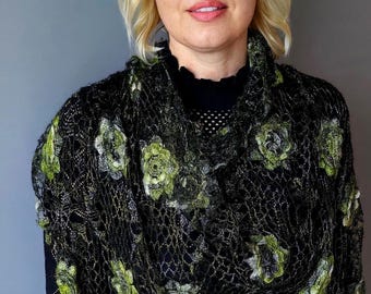 Crochet Angora Orenburg Shawl: Handmade Green Goat Down Kerchief