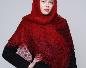 Chal de plumón de cabra rojo bordado a mano: estilo Oremburgo
