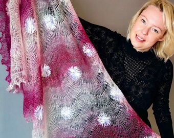 Raspberry Embroidered Orenburg Goat Down Shawl: Handmade Warm Wrap