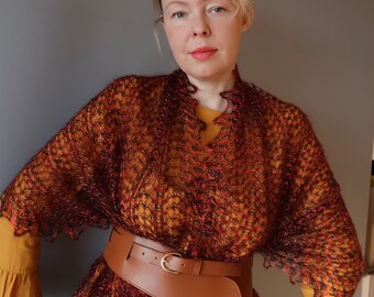 Handmade Orenburg Goat Down Shawl: Neon Red Openwork Stole