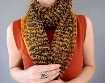 Handmade Orenburg Goat Down Shawl: Knitted Wool Wrap, Orange & Black
