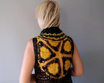 Handmade Crochet Goat Down Vest, Black Openwork Poncho, M/L