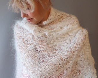 Traditional Handmade Orenburg Goat Down Shawl: White Knitted Lace Wrap