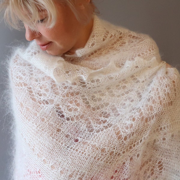 White Orenburg shawl, White shawl, Wharm shawl,wrap, cape, goat down, shawl,soft shawl,handmade, knitted shawl, square shape