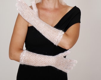 Handmade Crochet Goat Down Elbow Gloves: White Openwork Arm Warmers