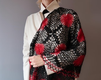 Pañuelo negro de Orenburg a crochet: chal de plumón de cabra de angora