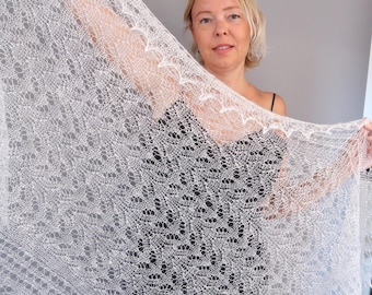 Chal de plumón de cabra Orenburg hecha a mano, encaje blanco suave, elegante para bodas