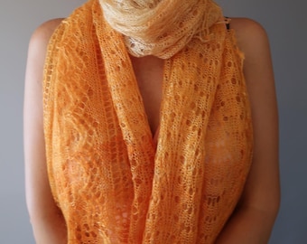 Big size Handmade Orenburg Goat Down Shawl, Orange Lace Knit Scarf