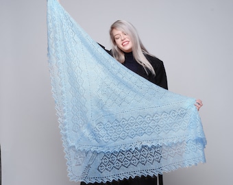 Handmade Blue Orenburg Goat Down Shawl: Knitted Lace Wrap