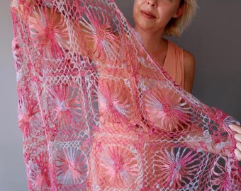 Handmade Crochet Angora Shawl, Orenburg Pink Goat Down Kerchief