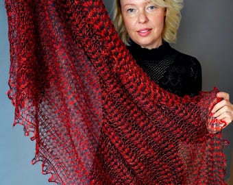 Handmade Neon Red Goat Down Shawl: Openwork Lace Stole