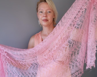 Bright Pink Handmade Orenburg Pink Goat Down Shawl, Openwork Lace