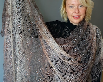 Big size Handmade Embroidered Goat Down Shawl: Elegant Brown & White Wool Wrap