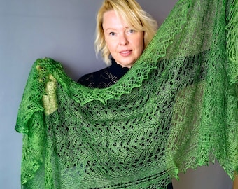 Chal de plumón de cabra verde hecho a mano: elegante chal de mezcla de seda