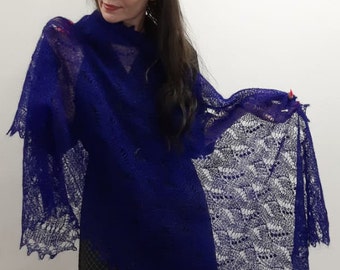 Stylish rich cobalt deep Blue shawl, scarf, wrap, cape, goat down,Handmade,shawl,soft shawl,handmade, knitted shawl, wool, embroidered shawl