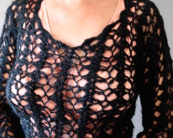 Elegant Black Handmade Black Goat Down Sweater, Crochet Openwork Knit