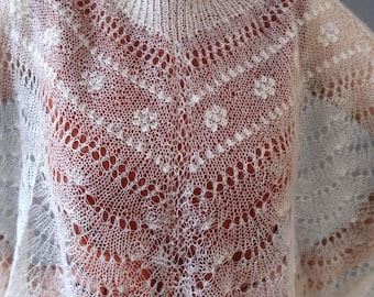 Vintage Handmade Orenburg Goat Down Poncho: Openwork Knit Wool Shawl