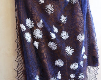 INK ORENBURG shawl, deep Ink Embroidered Shawl, goat down, embroidered shawl, scarf, wrap, knitted, downy shawl, handmade, Blue shawl
