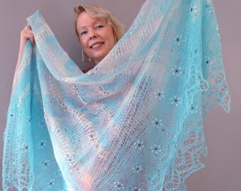 Turquoise Embroidered Goat Down Shawl: Handknitted Square Wrap