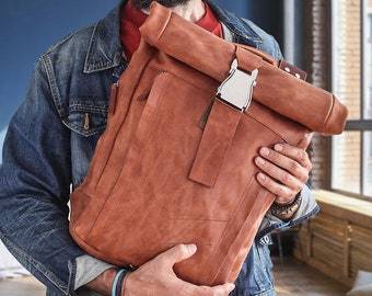 Rolltop backpack with cool buckle. Leather backpack men. Roll top backpack