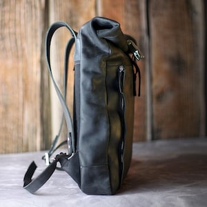 Handmade custom LEATHER BACKPACK MEN Roll top ' Designer backpack women ' Twill lining