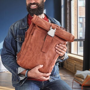 Waterproof Roll Top Backpack Leather bag rucksack