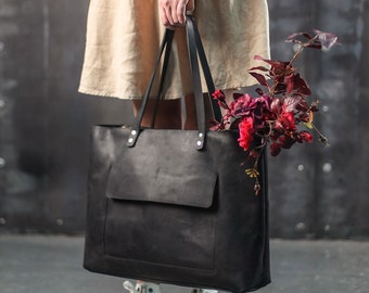 Large Leather Tote Bag, Black leather bag, Laptop bag, Shopping bag