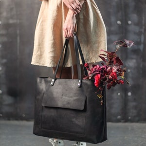 Gift for her- Large Leather Tote Bag Black leather
