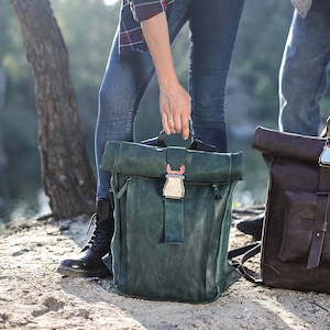 Personalized Laptop Backpack Leather Roll Top Leather Rucksack  17 inch