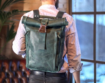 Leather Backpack Men Roll Top Leather Rucksack PERSONALIZED Laptop backpack 17 inch