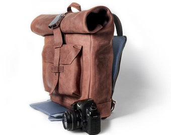 Leather camera bag * DSLR camera backpack with back panel access and removable shockproof insert * Free personalization