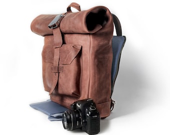 Leather camera bag * DSLR camera backpack with back panel access and removable shockproof insert * Free personalization