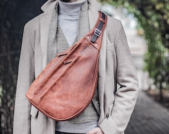 Personalized Leather Sling bag, Custom fanny pack, Leather satchel men