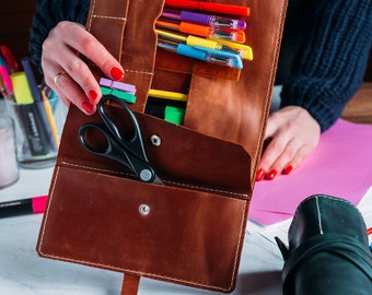 Paint brush holder, Leather artist roll, Leather pen holder