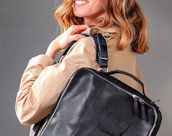 Black leather backpack women, Black leather briefcase for laptop