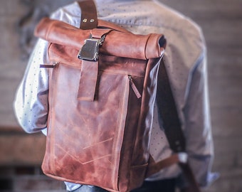 Leather roll top backpack with cool buckle PERSONALIZATION