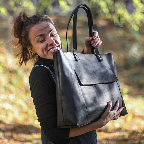 Extra LARGE Leather TOTE Bag With Pockets and ZIPPER / Black - Etsy