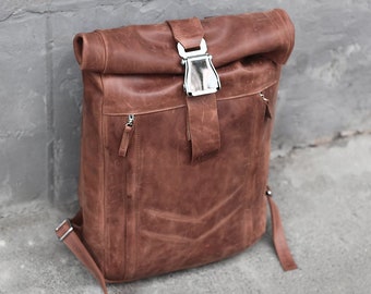 Leather backpack men, Gift for him, Gift for husband, Laptop backpack, Roll top backpack